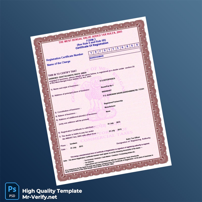 India Tax Authority VAT Registration Certificate Template in Word and PDF formats India Tax Authority VAT Registration Certificate Template in Word and PDF formats