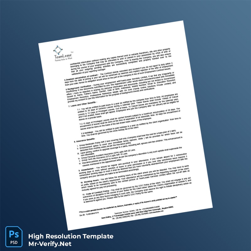 Editable India TeamLease Services Limited Employment Verification Letter Word and Pdf Template 4 page Editable India TeamLease Services Limited Employment Verification Letter Word and Pdf Template 4 page