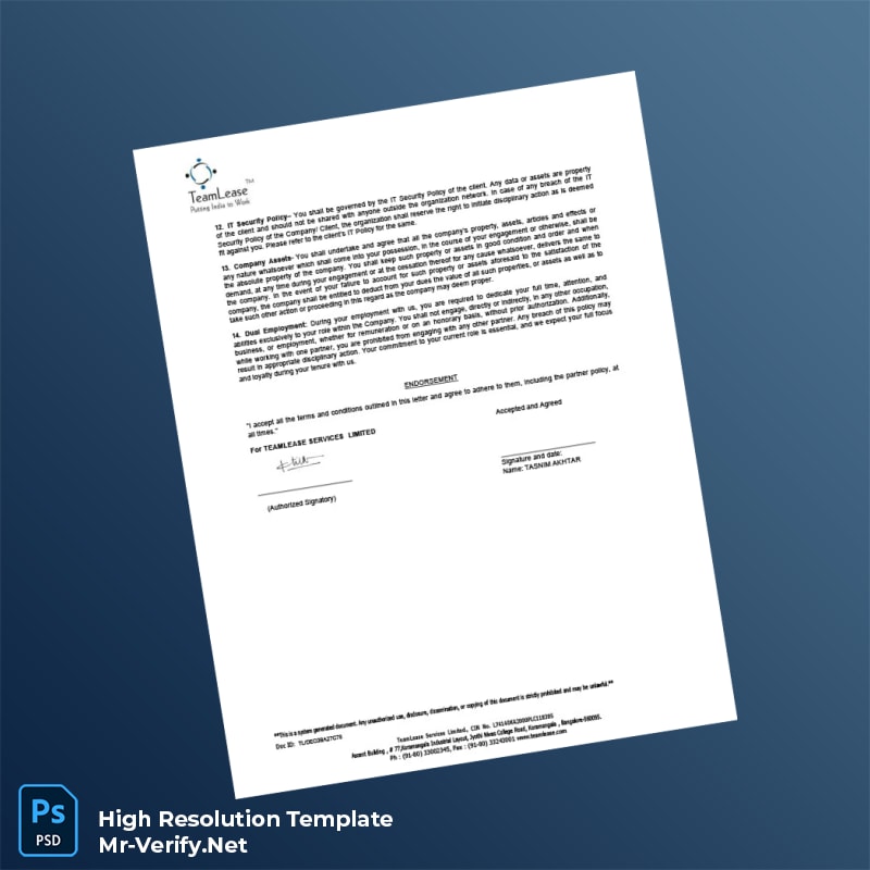 Editable India TeamLease Services Limited Employment Verification Letter Word and Pdf Template 4 page Editable India TeamLease Services Limited Employment Verification Letter Word and Pdf Template 4 page