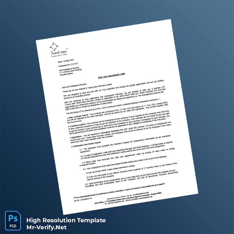 Editable India TeamLease Services Limited Employment Verification Letter Word and Pdf Template 4 page Editable India TeamLease Services Limited Employment Verification Letter Word and Pdf Template 4 page