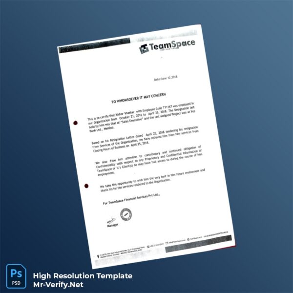 Editable India TeamSpace Employment Verification Letter Word and Pdf Template 4 page