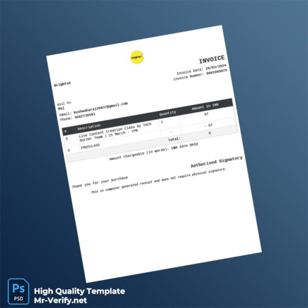 India Tech Burner Team Invoice Template in Word and PDF formats