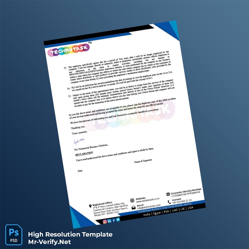 Editable India TechnoTask Employment Verification Letter Word and Pdf Template 5 page Editable India TechnoTask Employment Verification Letter Word and Pdf Template 5 page