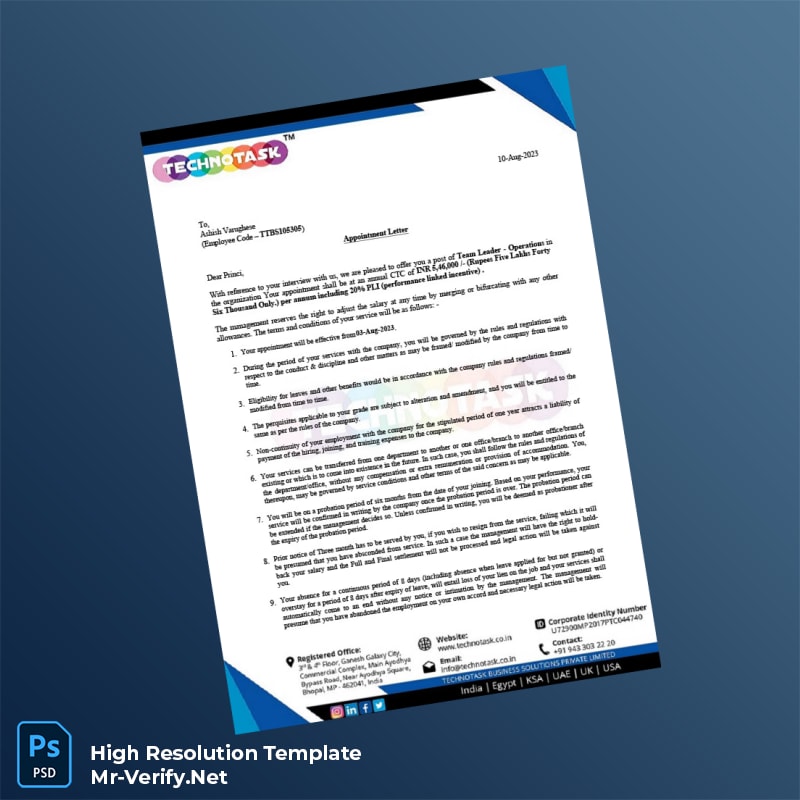 Editable India TechnoTask Employment Verification Letter Word and Pdf Template 5 page Editable India TechnoTask Employment Verification Letter Word and Pdf Template 5 page