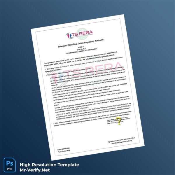Editable India Telangana Real Estate Regulatory Authority Registration Certificate Word and Pdf Template