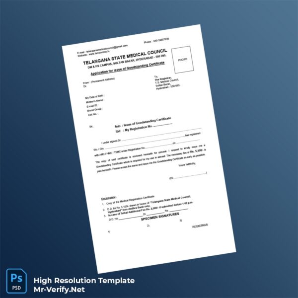 Editable India Telangana State Medical Council Good Standing Certificate Application Word and Pdf Template