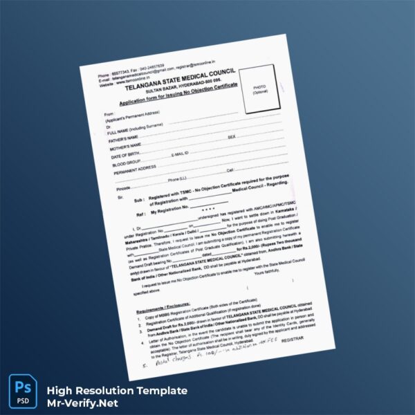 Editable India Telangana State Medical Council No Objection Certificate Application Form Word and Pdf Template Editable India Telangana State Medical Council No Objection Certificate Application Form Word and Pdf Template