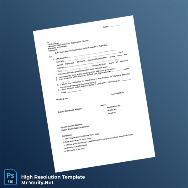 Editable India Telangana State Pharmacy Registration Application Word and Pdf Template