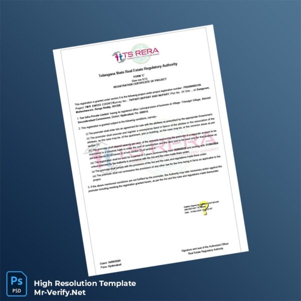 Editable India Telangana State Real Estate Regulatory Authority Registration Certificate Word and Pdf Template 2 page
