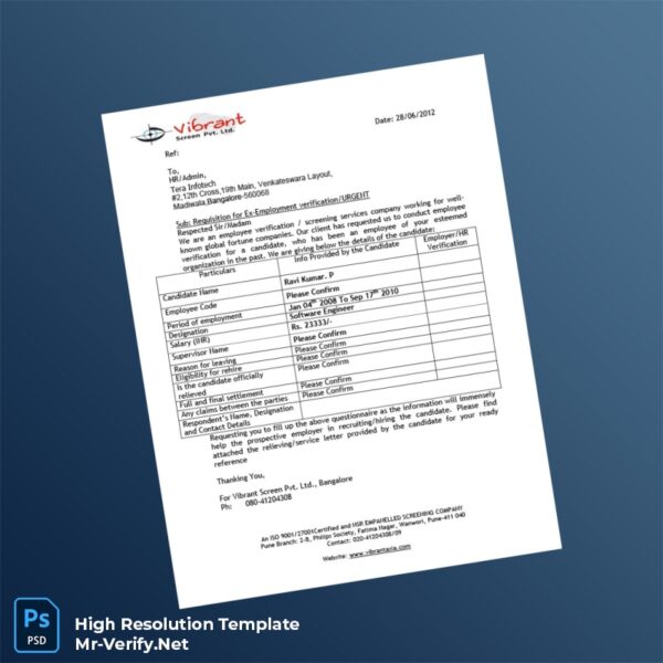 Editable India Tera Infotech Employment Verification Letter Word and Pdf Template