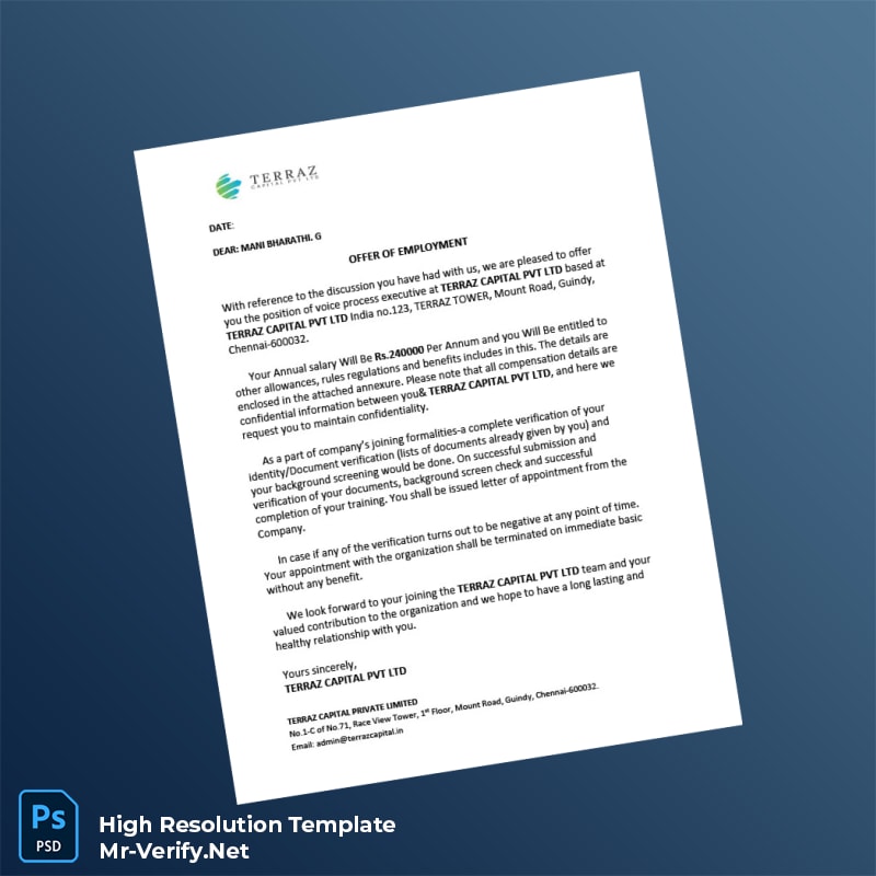 Editable India Terraz Capital Pvt Ltd Employment Verification Letter Word and Pdf Template 6 page Editable India Terraz Capital Pvt Ltd Employment Verification Letter Word and Pdf Template 6 page