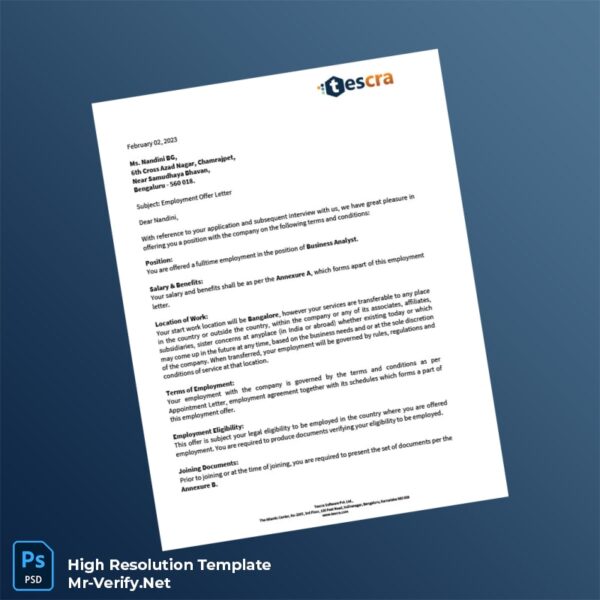 Editable India Tescra Employment Verification Letter Word and Pdf Template 4 page