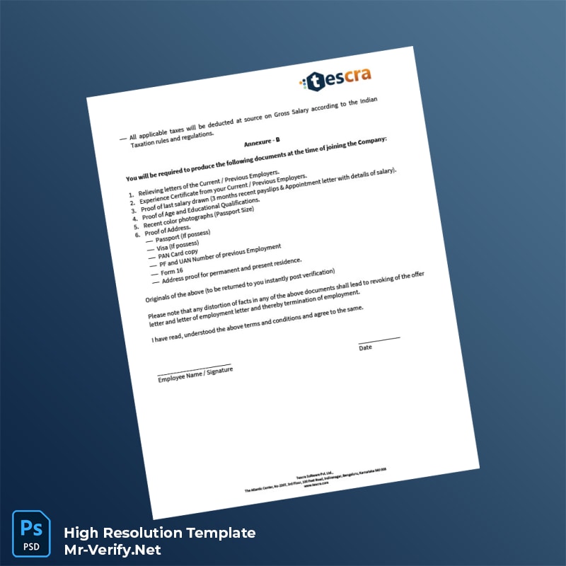 Editable India Tescra Employment Verification Letter Word and Pdf Template 4 page Editable India Tescra Employment Verification Letter Word and Pdf Template 4 page