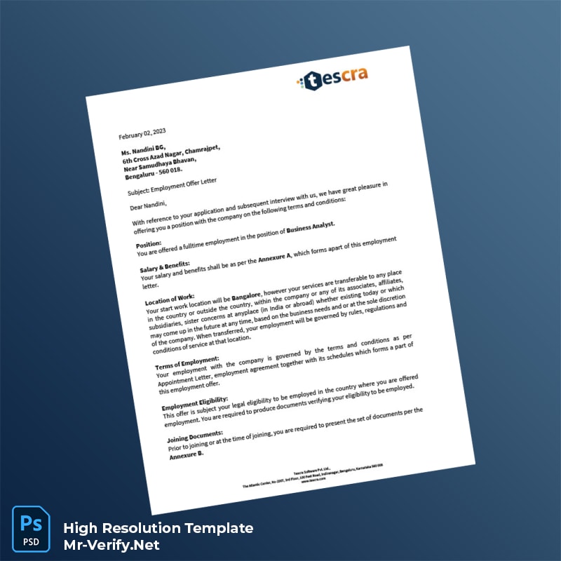 Editable India Tescra Employment Verification Letter Word and Pdf Template 4 page Editable India Tescra Employment Verification Letter Word and Pdf Template 4 page