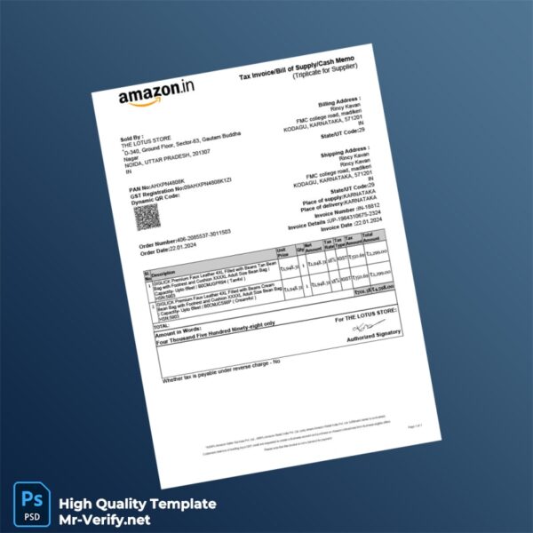 India The Lotus Store Tax Invoice Template in Word and PDF formats