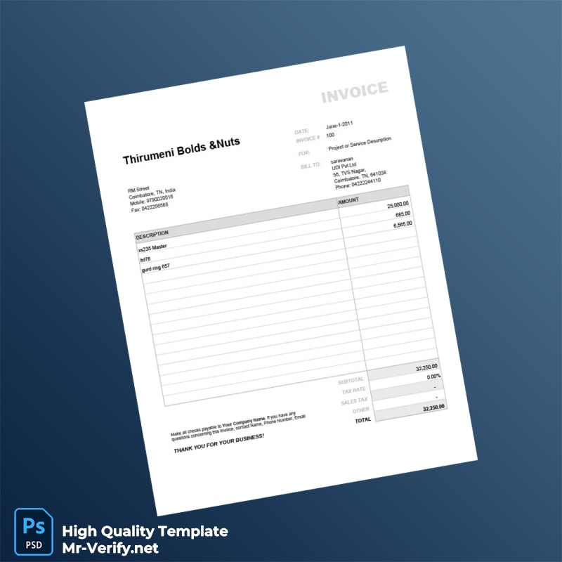 India Thirumeni Bolds Nuts Invoice Template in Word and PDF formats India Thirumeni Bolds Nuts Invoice Template in Word and PDF formats