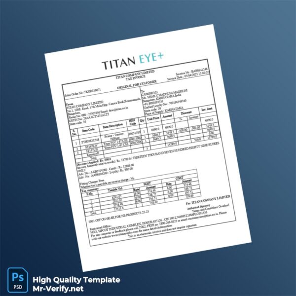 India Titan Company Limited Tax Invoice Template in Word and PDF formats 2 page