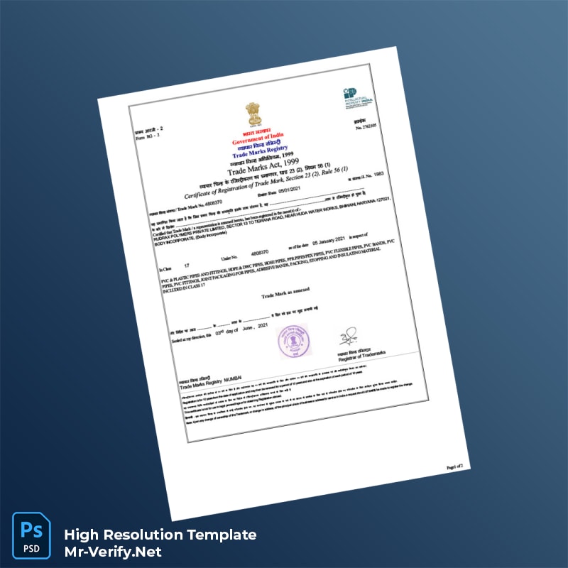 India Trade Marks Registry Editable Trade Mark Registration Certificate Word and Pdf Template 2 page India Trade Marks Registry Editable Trade Mark Registration Certificate Word and Pdf Template 2 page