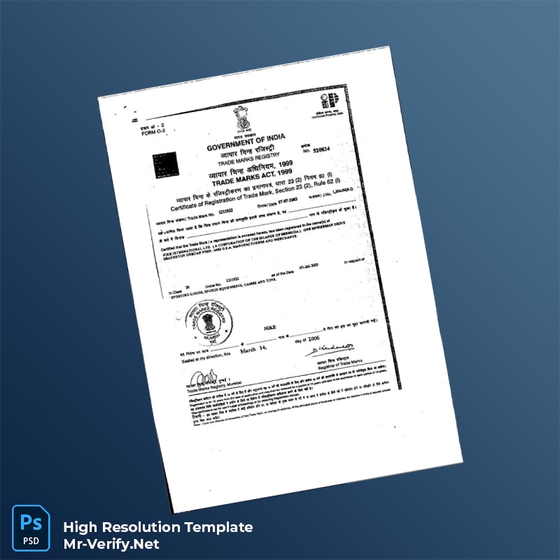 India Trade Marks Registry Registration Certificate Word and Pdf Template India Trade Marks Registry Registration Certificate Word and Pdf Template