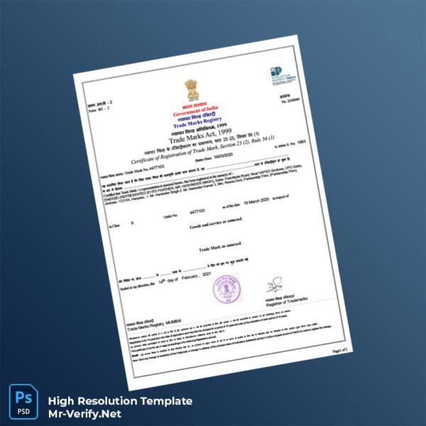 India Trade Marks Registry TM Registration Certificate Word and Pdf Template 2 page India Trade Marks Registry TM Registration Certificate Word and Pdf Template 2 page