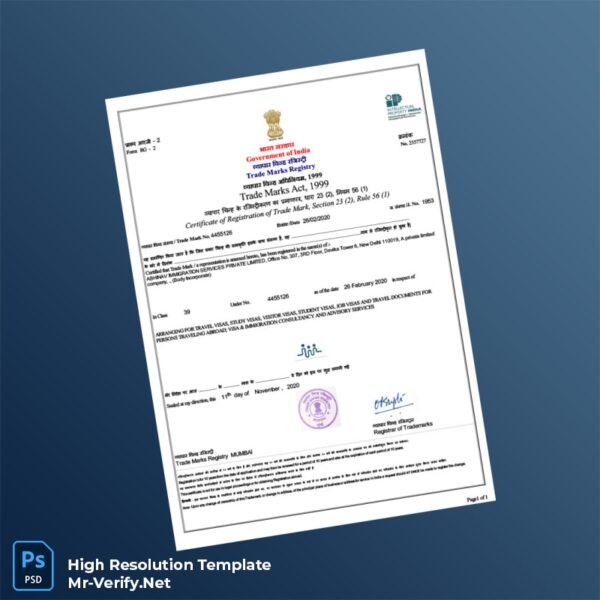 Editable India Trademark E-Registration Certificate Word and Pdf Template