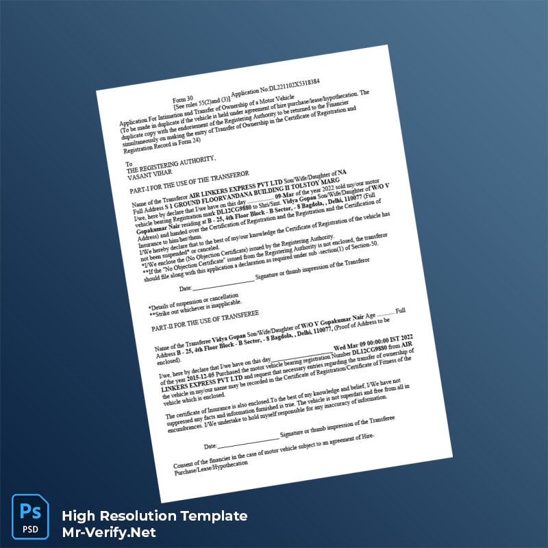 Editable India Transfer of Ownership Application Form Word and Pdf Template 2 page Editable India Transfer of Ownership Application Form Word and Pdf Template 2 page