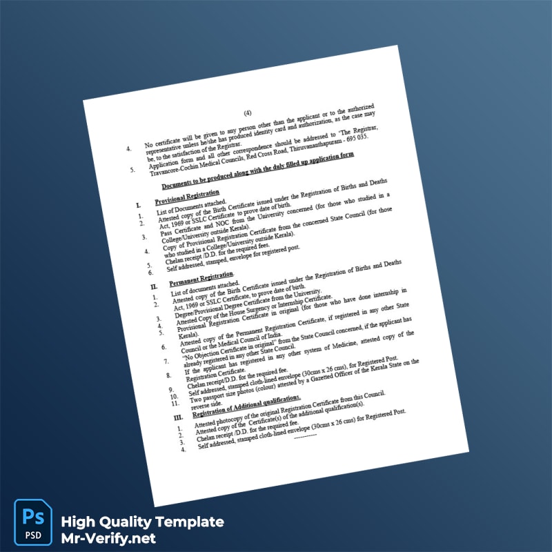 India Travancore-Cochin Council for Modern Medicine Registration Certificate Template in Word and PDF formats 4 page India Travancore-Cochin Council for Modern Medicine Registration Certificate Template in Word and PDF formats 4 page