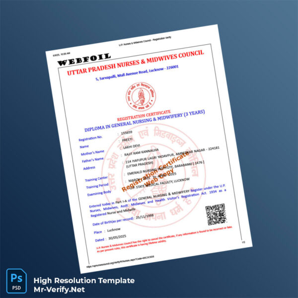 Editable India U P Nurses Midwives Council Registration Certificate Word and Pdf Template 2 page