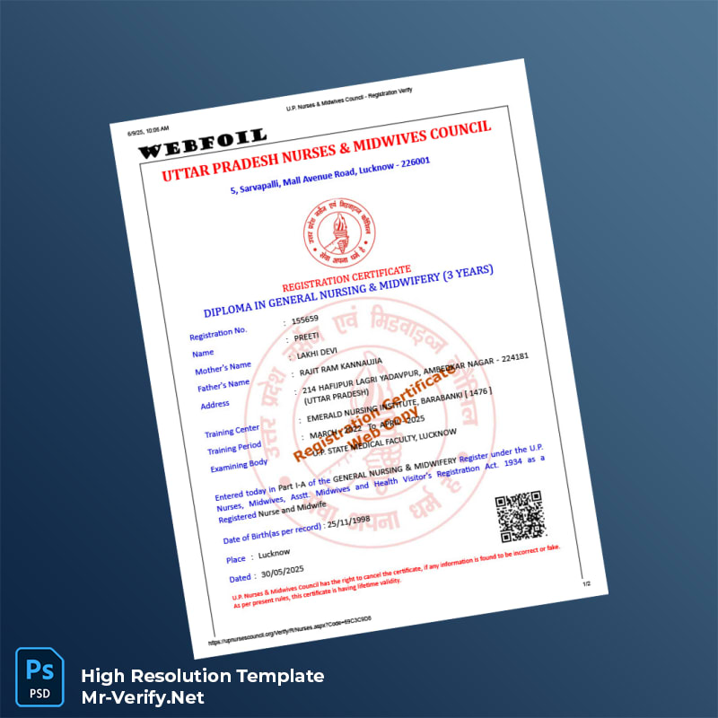 Editable India U P Nurses Midwives Council Registration Certificate Word and Pdf Template 2 page Editable India U P Nurses Midwives Council Registration Certificate Word and Pdf Template 2 page
