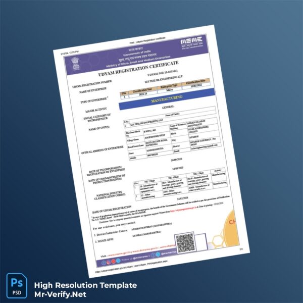 Editable India Udyam MSME Registration Certificate Word and Pdf Template Editable India Udyam MSME Registration Certificate Word and Pdf Template