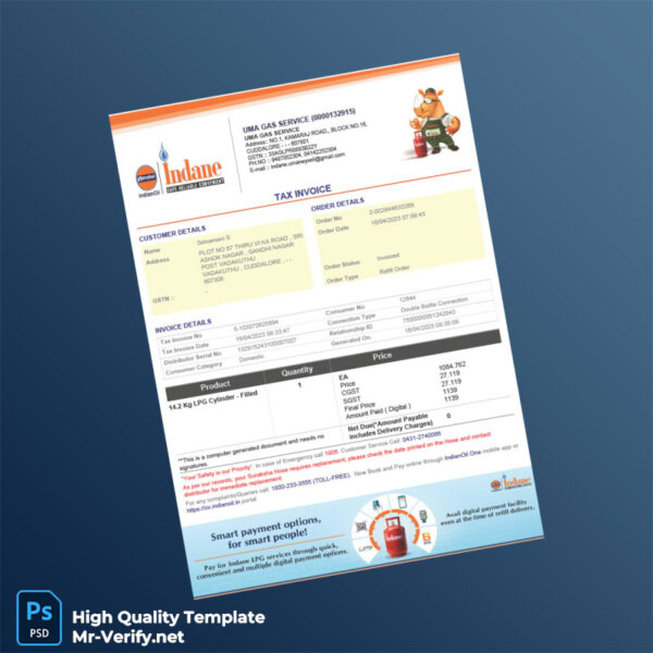 India UMA GAS SERVICE Invoice Template in Word and PDF formats 2 page