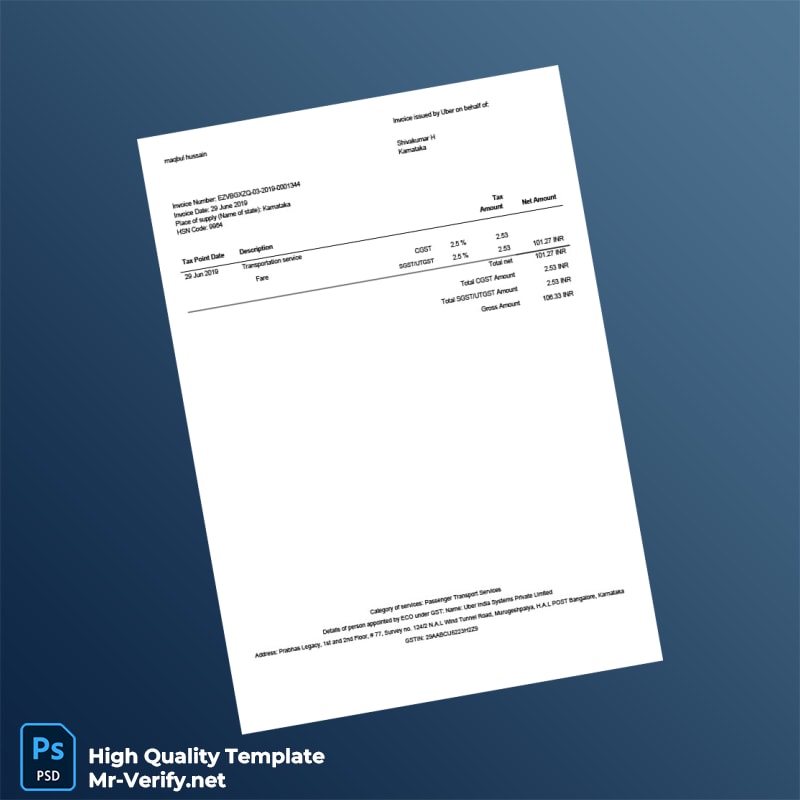 India Uber India Systems Private Limited Invoice Template in Word and PDF formats India Uber India Systems Private Limited Invoice Template in Word and PDF formats