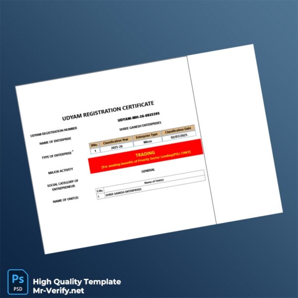 India Udyam Registration Authority Business Registration Certificate Template in Word and PDF formats 6 page