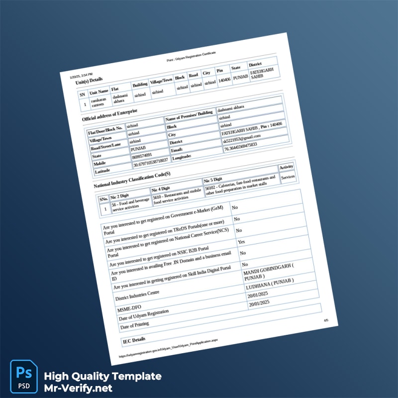India Udyam Registration Authority Udyam Registration Certificate Template in Word and PDF formats 5 page India Udyam Registration Authority Udyam Registration Certificate Template in Word and PDF formats 5 page