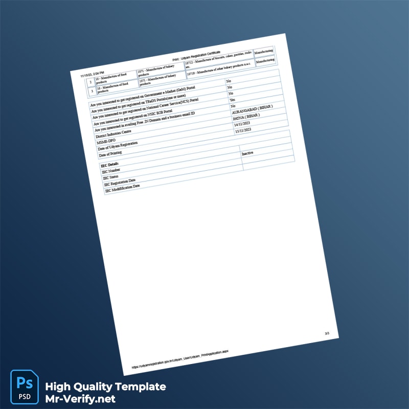 India Udyam Registration Certificate Template in Word and PDF formats 3 page India Udyam Registration Certificate Template in Word and PDF formats 3 page