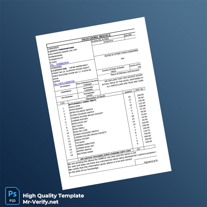 India United Restaurants Company Proforma Invoice Template in Word and PDF formats 6 page India United Restaurants Company Proforma Invoice Template in Word and PDF formats 6 page
