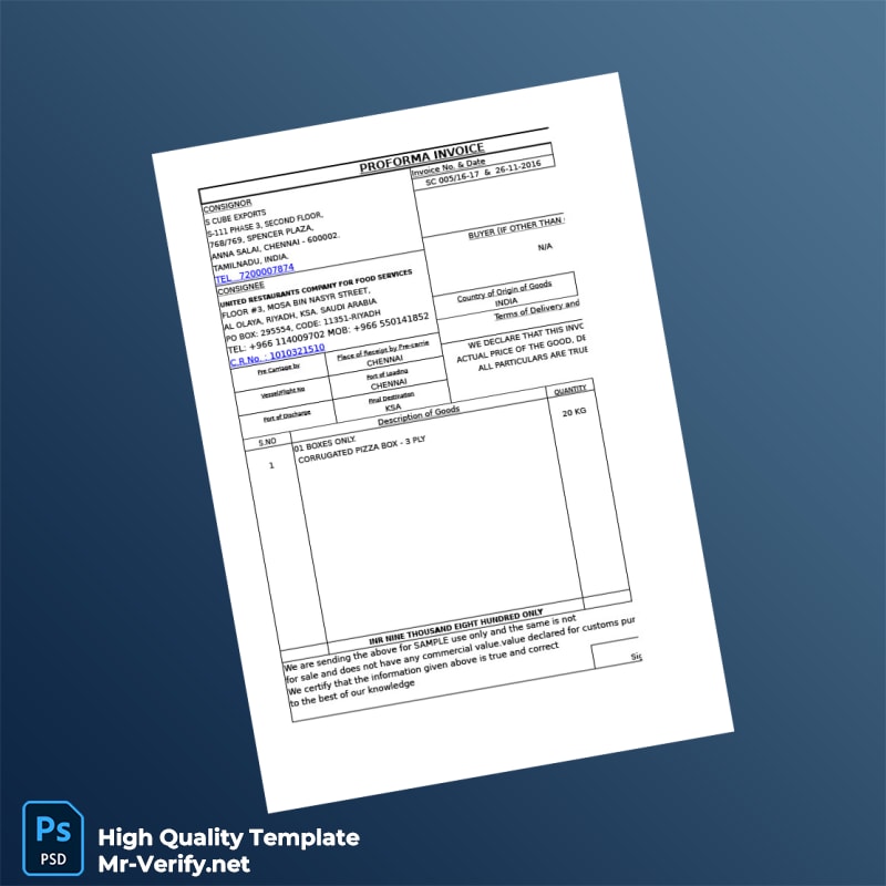 India United Restaurants Company Proforma Invoice Template in Word and PDF formats 6 page India United Restaurants Company Proforma Invoice Template in Word and PDF formats 6 page