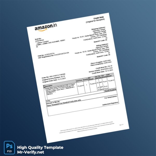 India UnityGames Credit Note Template in Word and PDF formats