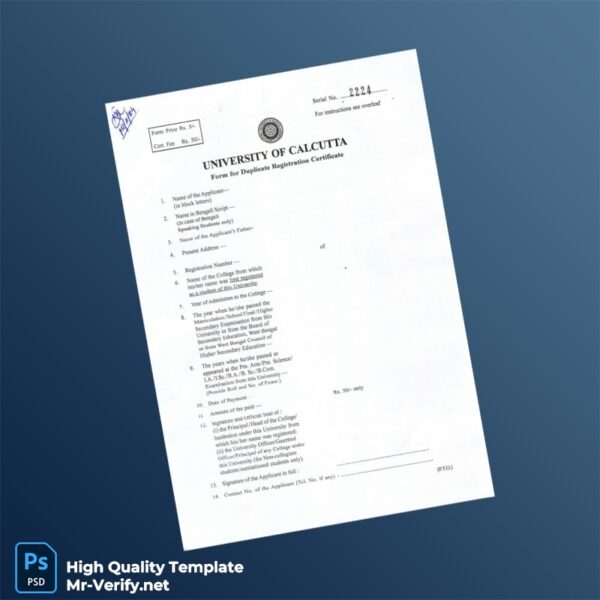 India University of Calcutta Editable Duplicate Registration Certificate Template in Word and PDF formats 2 page