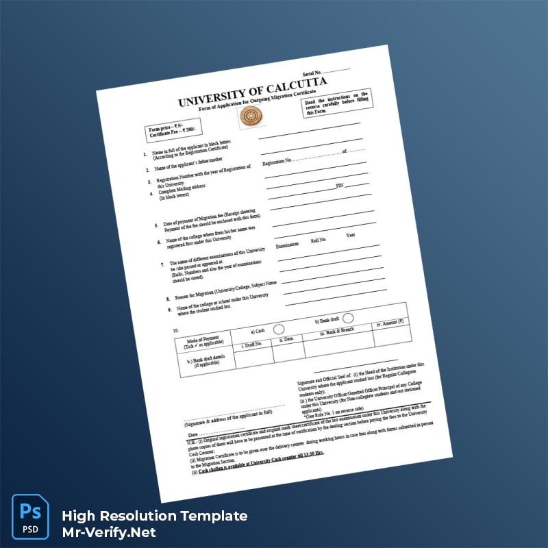 Editable India University of Calcutta Migration Certificate Application Form Word and Pdf Template 2 page Editable India University of Calcutta Migration Certificate Application Form Word and Pdf Template 2 page