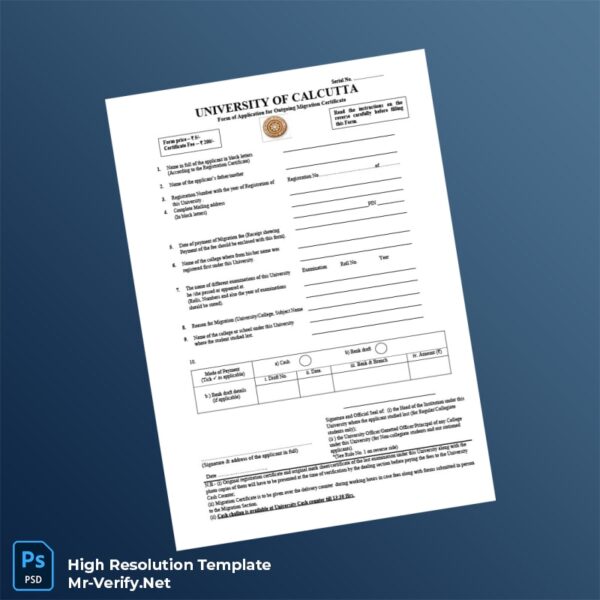 Editable India University of Calcutta Outgoing Migration Certificate Word and Pdf Template 2 page