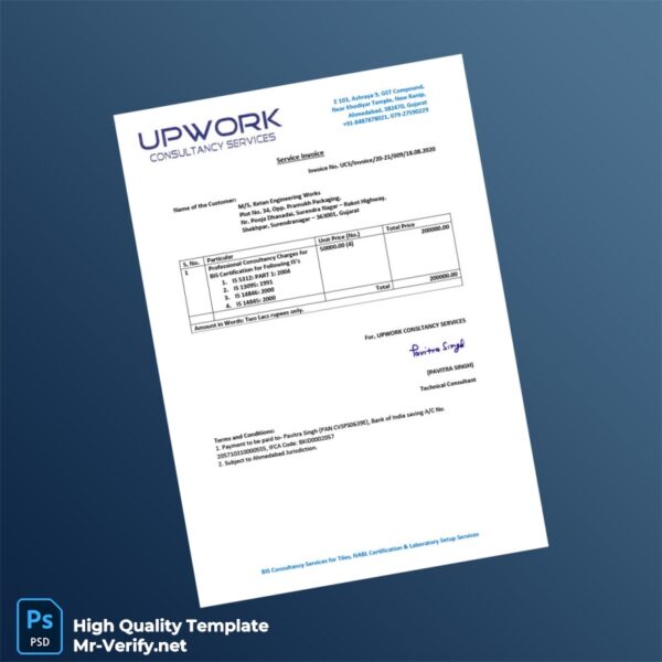India Upwork Consultancy Services Invoice Template in Word and PDF formats India Upwork Consultancy Services Invoice Template in Word and PDF formats