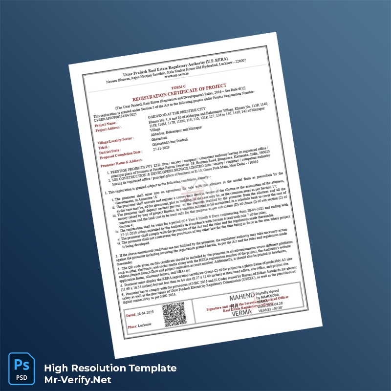 Editable India Uttar Pradesh Real Estate Regulatory Authority Registration Certificate Word and Pdf Template Editable India Uttar Pradesh Real Estate Regulatory Authority Registration Certificate Word and Pdf Template