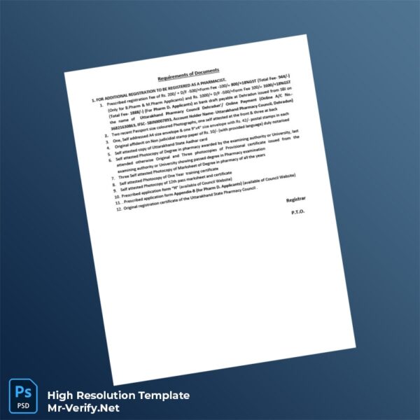 Editable India Uttarakhand Pharmacy Council Additional Registration Certificate Word and Pdf Template 2 page Editable India Uttarakhand Pharmacy Council Additional Registration Certificate Word and Pdf Template 2 page