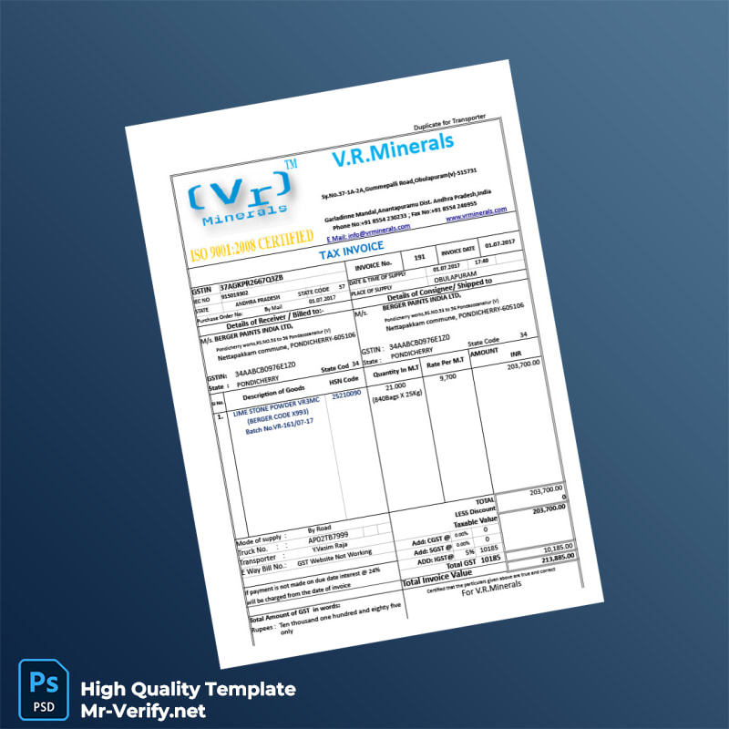 India V R Minerals Tax Invoice Template in Word and PDF formats 8 page India V R Minerals Tax Invoice Template in Word and PDF formats 8 page