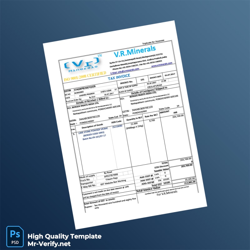 India V R Minerals Tax Invoice Template in Word and PDF formats 8 page India V R Minerals Tax Invoice Template in Word and PDF formats 8 page