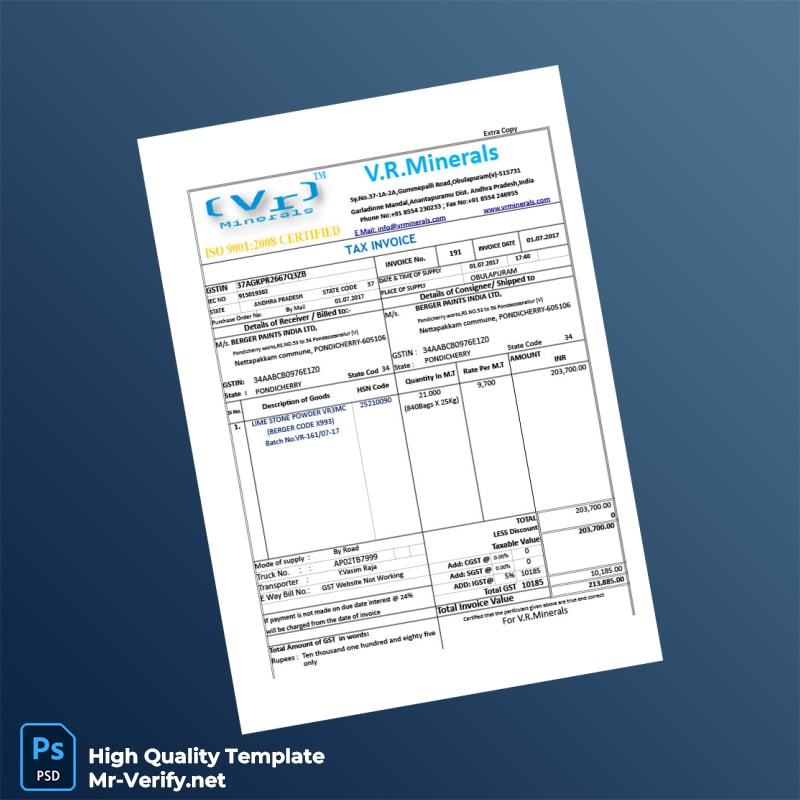 India V R Minerals Tax Invoice Template in Word and PDF formats 8 page India V R Minerals Tax Invoice Template in Word and PDF formats 8 page