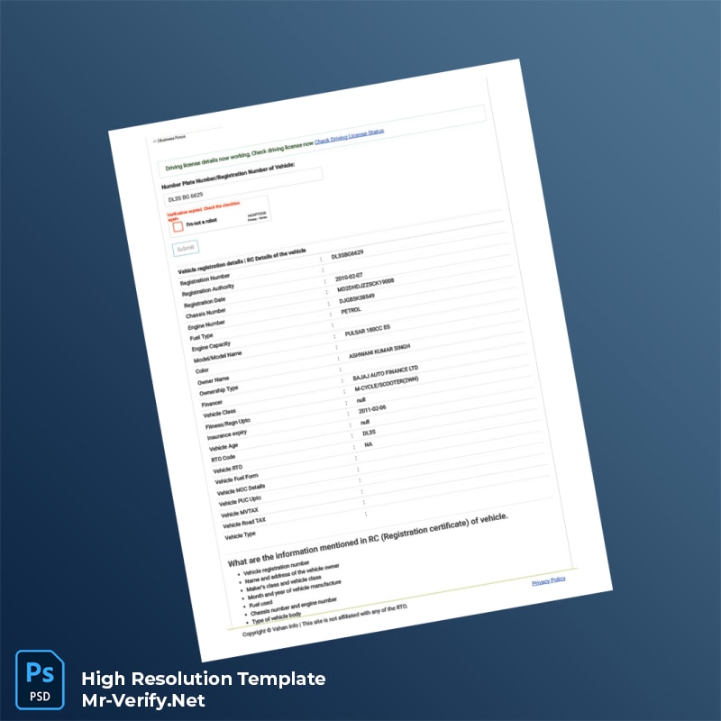 India Vahan Info Registration Certificate Word and Pdf Template India Vahan Info Registration Certificate Word and Pdf Template