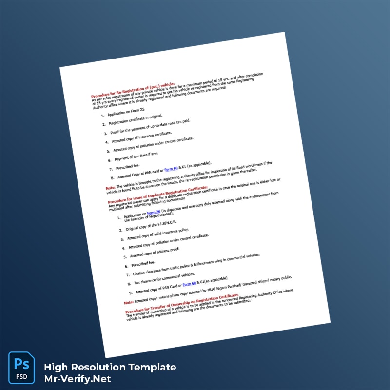 Editable India Vehicle Re-Registration Certificate Word and Pdf Template 2 page Editable India Vehicle Re-Registration Certificate Word and Pdf Template 2 page