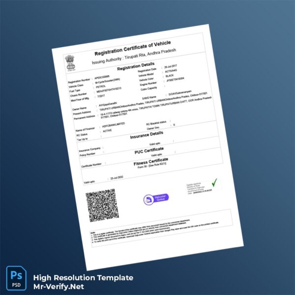 Editable India Vehicle Registration Certificate Word and Pdf Template